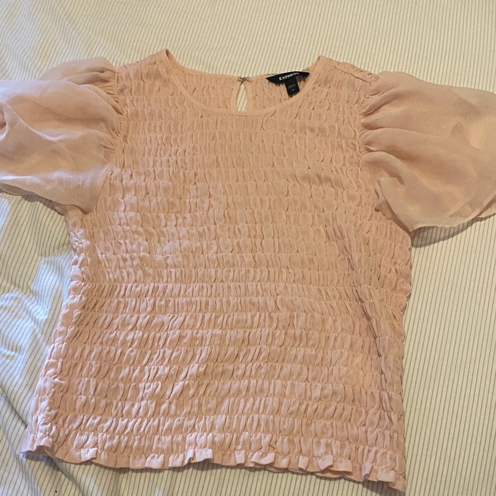 Express Light Pink Textured Blouse with Puff Sleeves